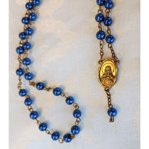 Vintage Rosary Necklace NO CROSS with Blue Glass Beads-Our Lady of Mt. Carmel